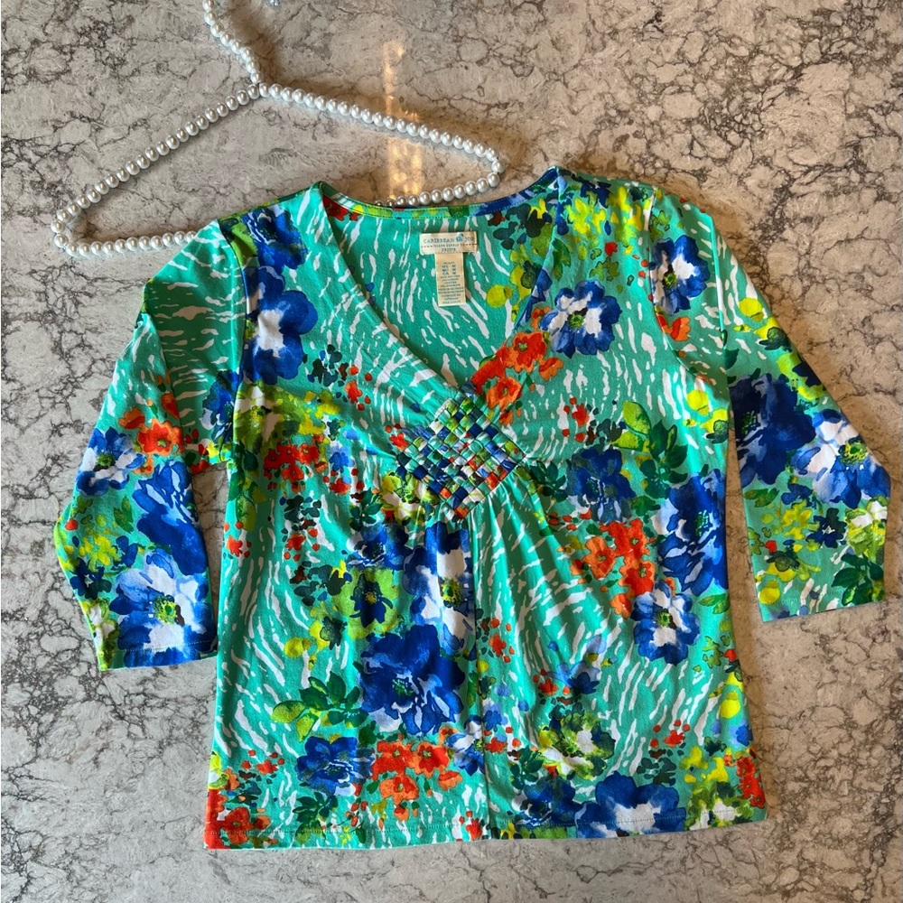 Caribbean Joe Island Supply Co. 3/4 Sleeve Floral Top - Size Midiem